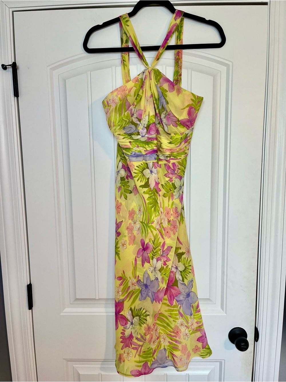 Vintage 90s Yellow Silk Floral Halter Dress Size 6 Beach Tropical Y2K Vacation